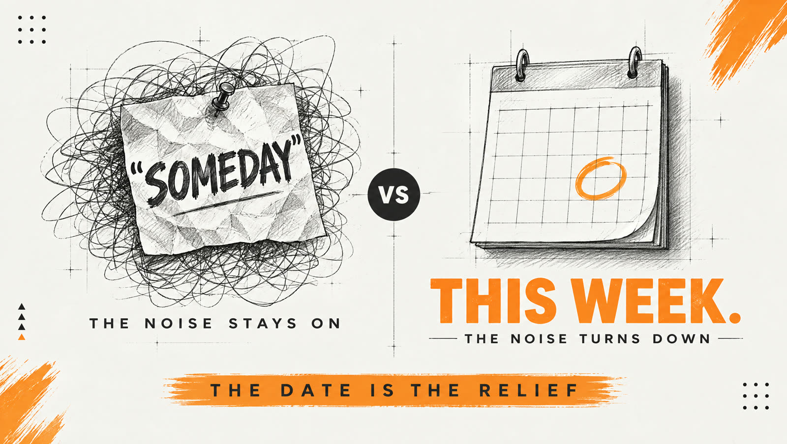 Someday versus this week: a crumpled note reading Someday sits in a scribble where the noise stays on, next to a calendar with one date circled where the noise turns down. The date is the relief.