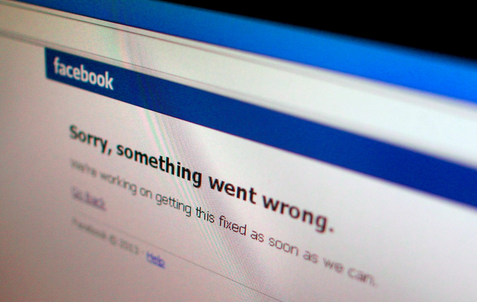 A Facebook error page on a computer screen: Sorry, something went wrong. We're working on getting this fixed as soon as we can.