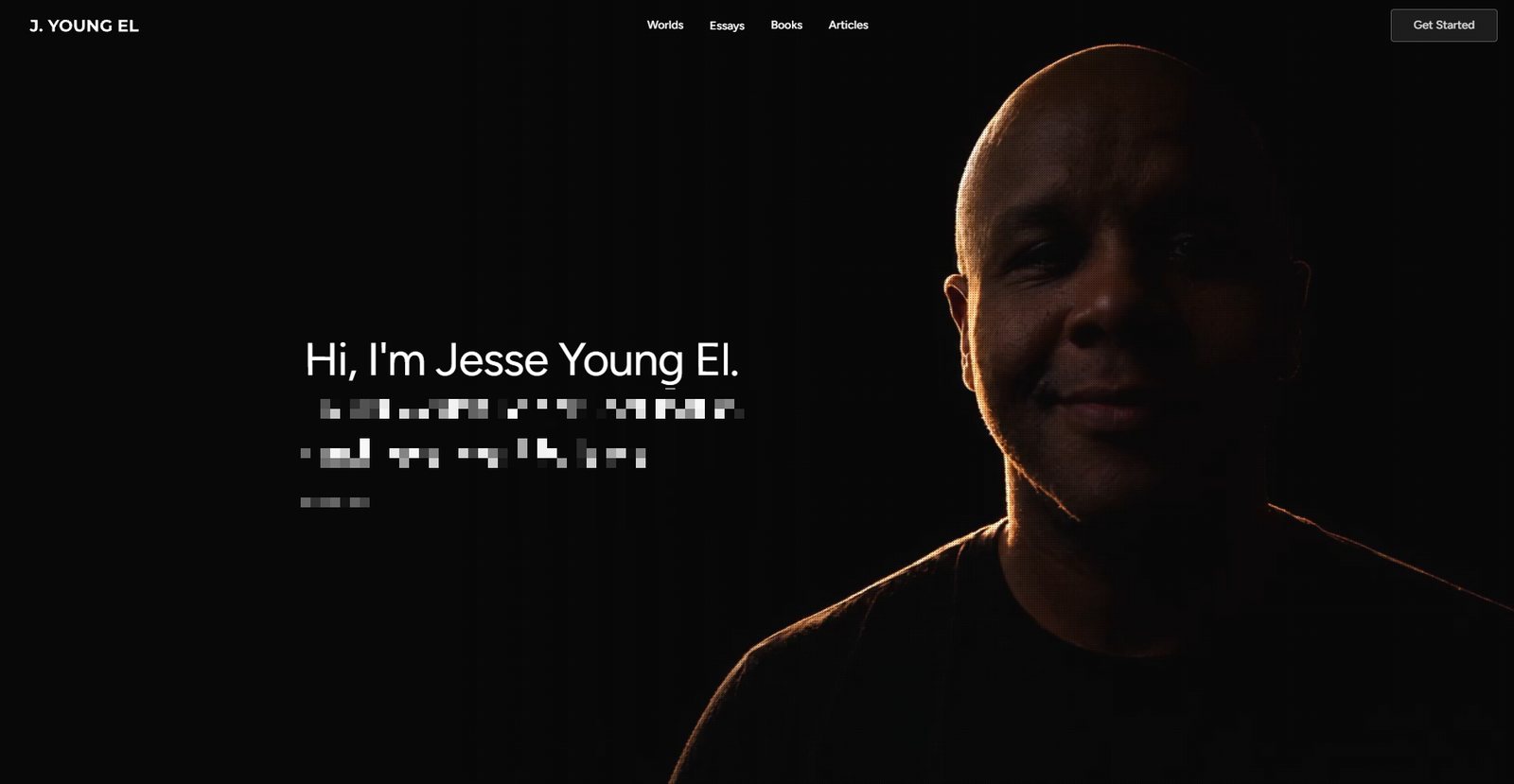 The jyoungel.com home page: Hi, I'm Jesse Young El, beside a portrait lit from the side against a black background.
