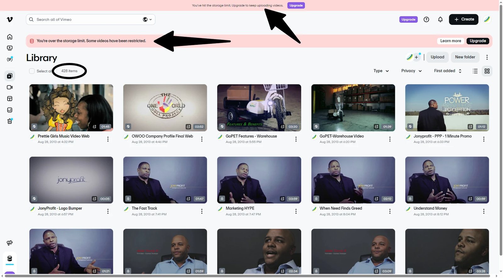 My Vimeo library showing 428 items, with a red banner: You're over the storage limit. Some videos have been restricted.